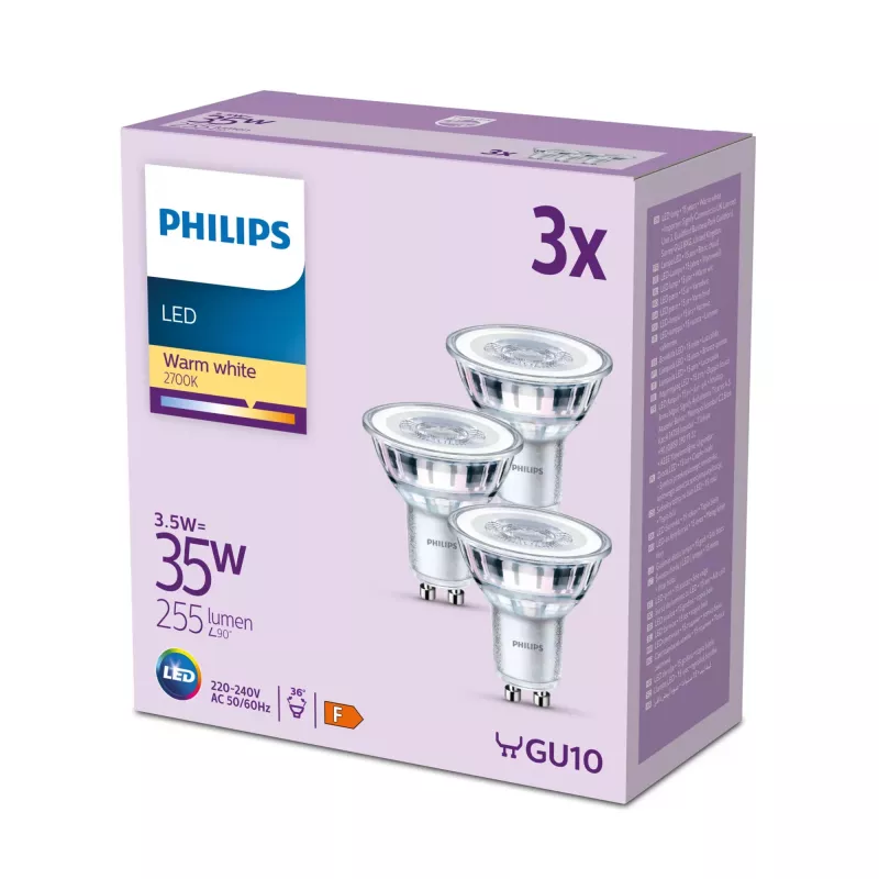 Philips Spot 35W PAR16 GU10 x3, 3.5 W, 35 W, GU10, 255 lm, 15000 h, soe valge