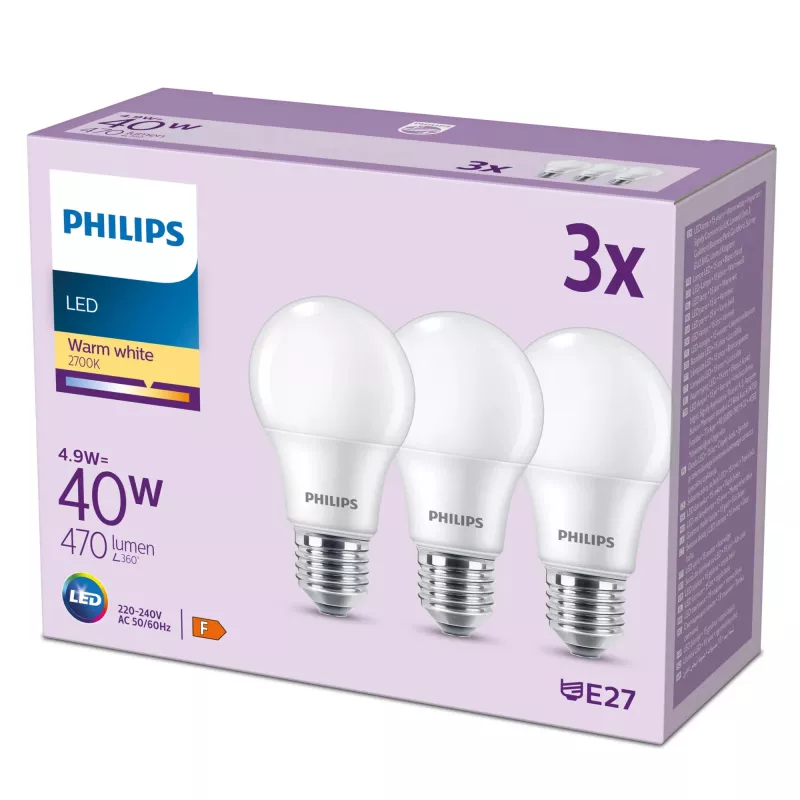 Philipsi lamp 40W A60 E27 x3, 4,9 W, 40 W, E27, 470 lm, 15000 h, soe valge