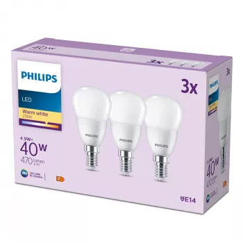 Philips Candle 40W P45 E14 x3, 4,9 W, 40 W, E14, 470 lm, 15 000 h, Soe valge
