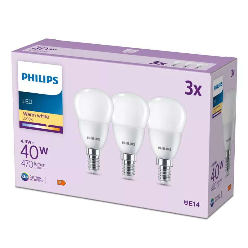 Philips Candle 40W P45 E14 x3, 4,9 W, 40 W, E14, 470 lm, 15 000 h, Soe valge