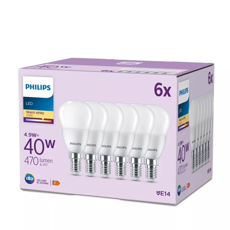 Philips Küünlakujuline 40 W P45 E14 x6, 4,9 W, 40 W, E14, 470 lm, 15000 h, Soe valge