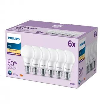 Philips Bulb 60W A60 E27 x6, 8 W, 60 W, E27, 806 lm, 15000 h, Soe valge