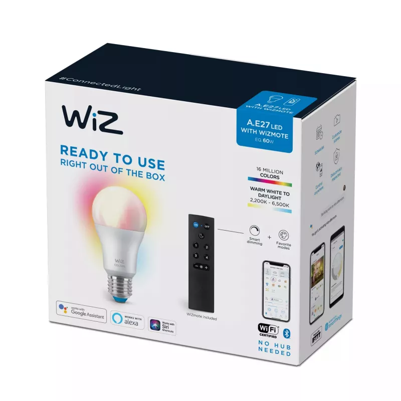 WiZ Bulb 8W (Eq.60W) A60 E27 x1 + Pult, Nutipirn, Wi-Fi/Bluetooth, Valge, Wi-Fi 4 (802.11n), 802.11b, 802.11g, LED, E27