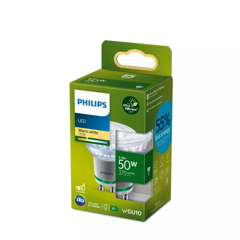 Philips Spot 50W PAR16 GU10, 2,1 W, 50 W, GU10, 375 lm, 50000 h, Soe valge