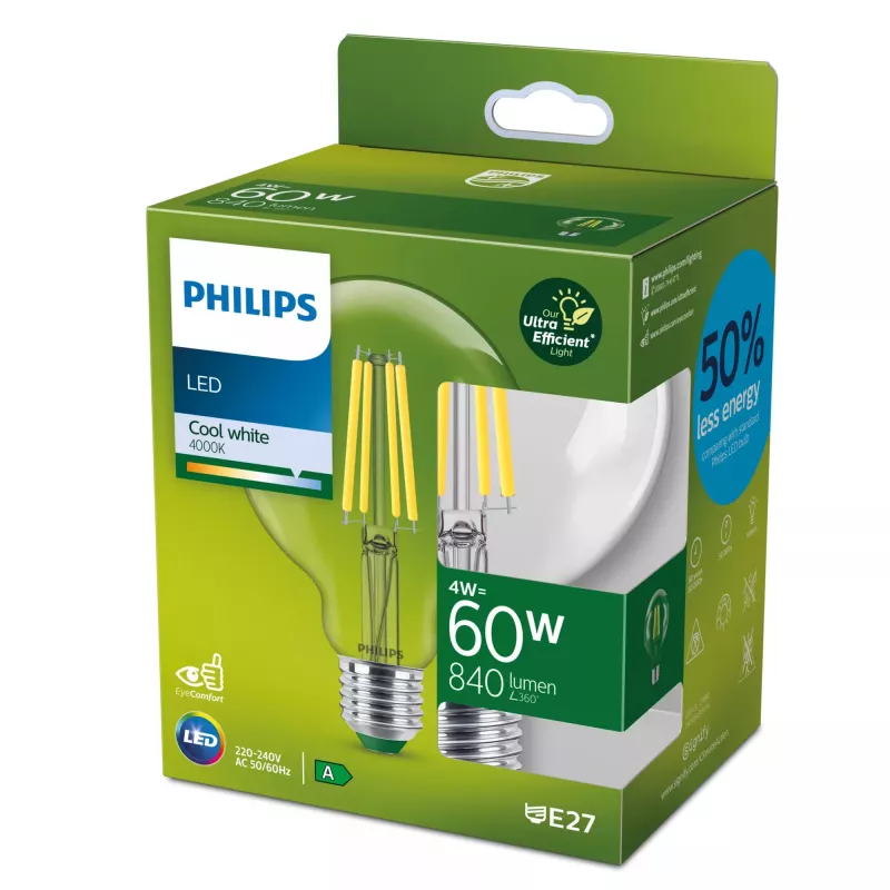 Philips hõõgniidiga pirn läbipaistev 60W G95 E27, 4 W, 60 W, E27, 840 lm, 50000 h, Jahe valge