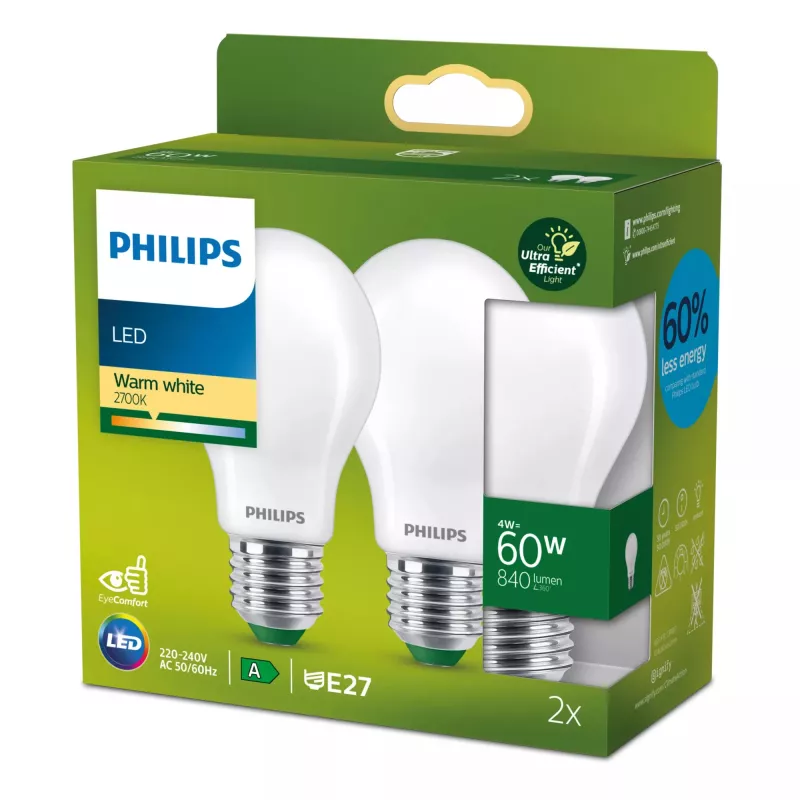 Philips Filament Bulb Frosted 60W A60 E27 4W Warm Valge 840lm