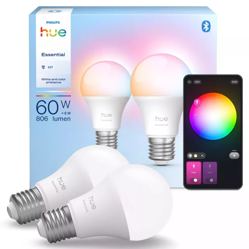 Philips Hue Valge and colour ambience Essential A60 – E27 nutipirn – 806 lm – 8 W – 2 tk pakend