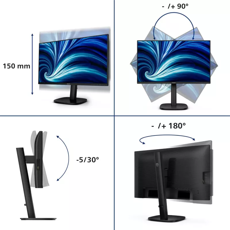 Monitor Philips 24B2U3601 23,8-tolline (60,5 cm) IPS Quad HD 2560x1440, USB 3.2 jaotur, USB-C, kõlarid, kõrguse reguleerimine, VESA, must