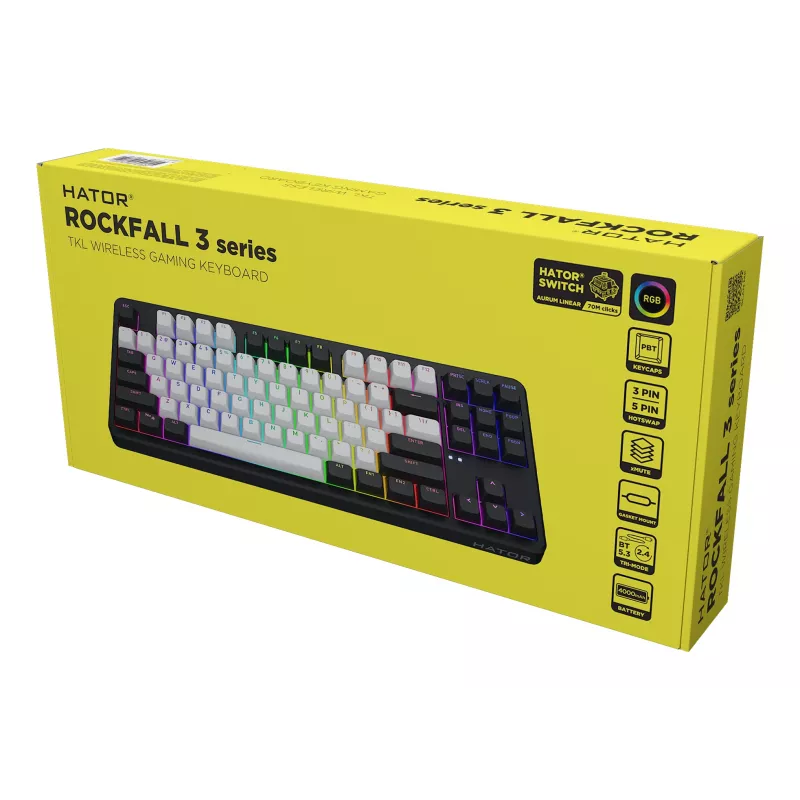 HATOR Rockfall 3 TKL Wireless, must, QMK/VIA, OMA profiiliga valge-mustad klahvikatted Klaviatuur - lineaarsed mehaanilised hotswap lülitid - US - ANSI paigutus (HTK850)
