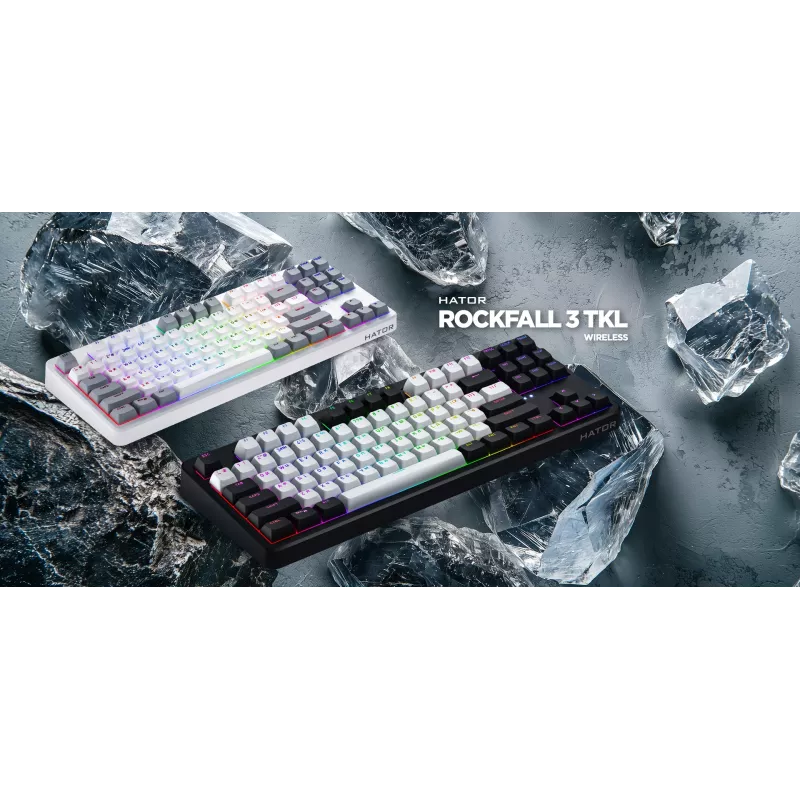 HATOR Rockfall 3 TKL Wireless, must, QMK/VIA, OMA profiiliga valge-mustad klahvikatted Klaviatuur - lineaarsed mehaanilised hotswap lülitid - US - ANSI paigutus (HTK850)