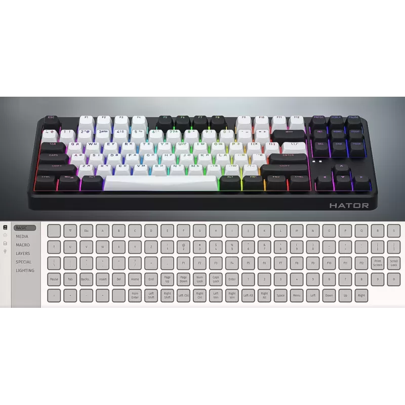 HATOR Rockfall 3 TKL Wireless, must, QMK/VIA, OMA profiiliga valge-mustad klahvikatted Klaviatuur - lineaarsed mehaanilised hotswap lülitid - US - ANSI paigutus (HTK850)