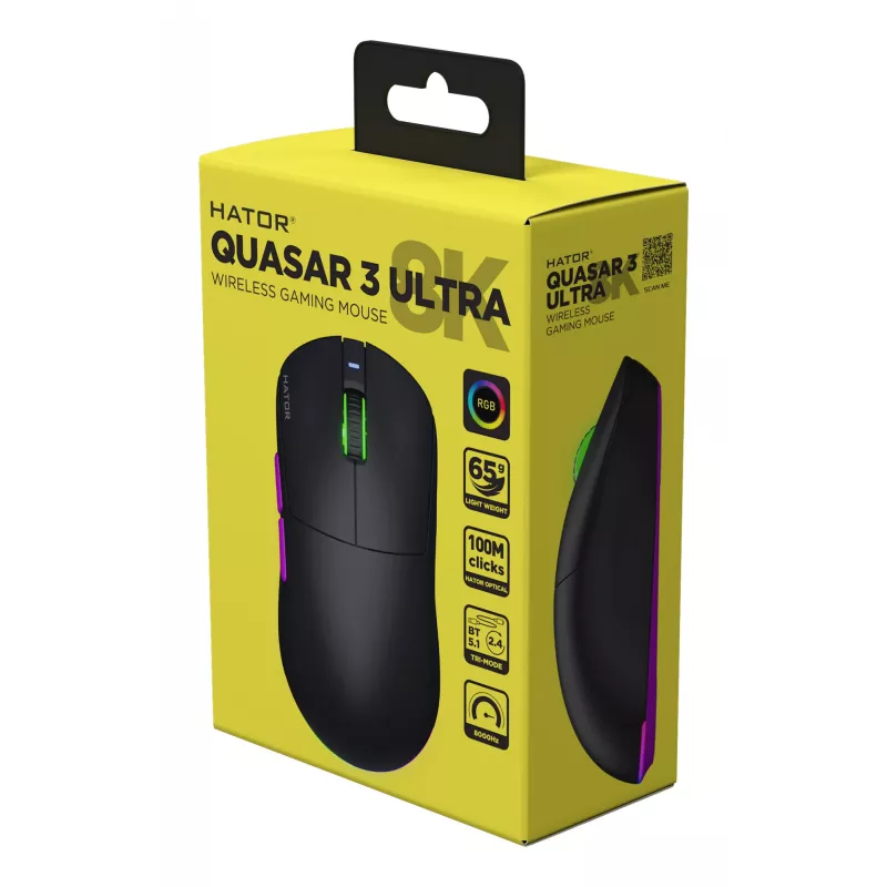 HATOR Quasar 3 Ultra 8K Wireless juhtmevaba hiir Mängimine Mõlemakäeline RF Juhtmevaba + Bluetooth + USB Type-A Optiline 30000 DPI