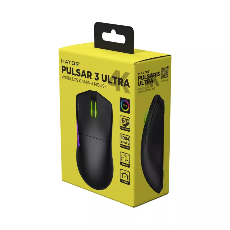 HATOR Pulsar 3 ULTRA 4K Wireless hiir Mängimiseks Paremakäeline RF-juhtmevaba + Bluetooth + USB Type-A Optiline 30000 DPI