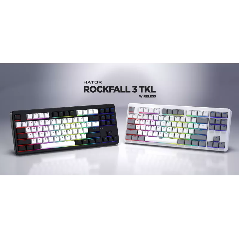 HATOR Rockfall 3 TKL Wireless, valge, QMK/VIA, OMA profiil valge-must klaviatuuriklahvid - lineaarsed mehaanilised hotswap lülitid - US - ANSI paigutus