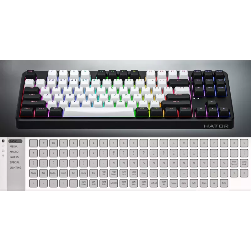 HATOR Rockfall 3 TKL Wireless, valge, QMK/VIA, OMA profiil valge-must klaviatuuriklahvid - lineaarsed mehaanilised hotswap lülitid - US - ANSI paigutus