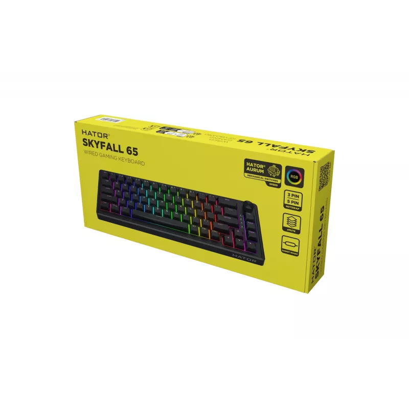 HATOR Skyfall 65 juhtmega, mehaaniline, USB-C, Aurum Sterling, 70M vajutust, RGB, must, 790g