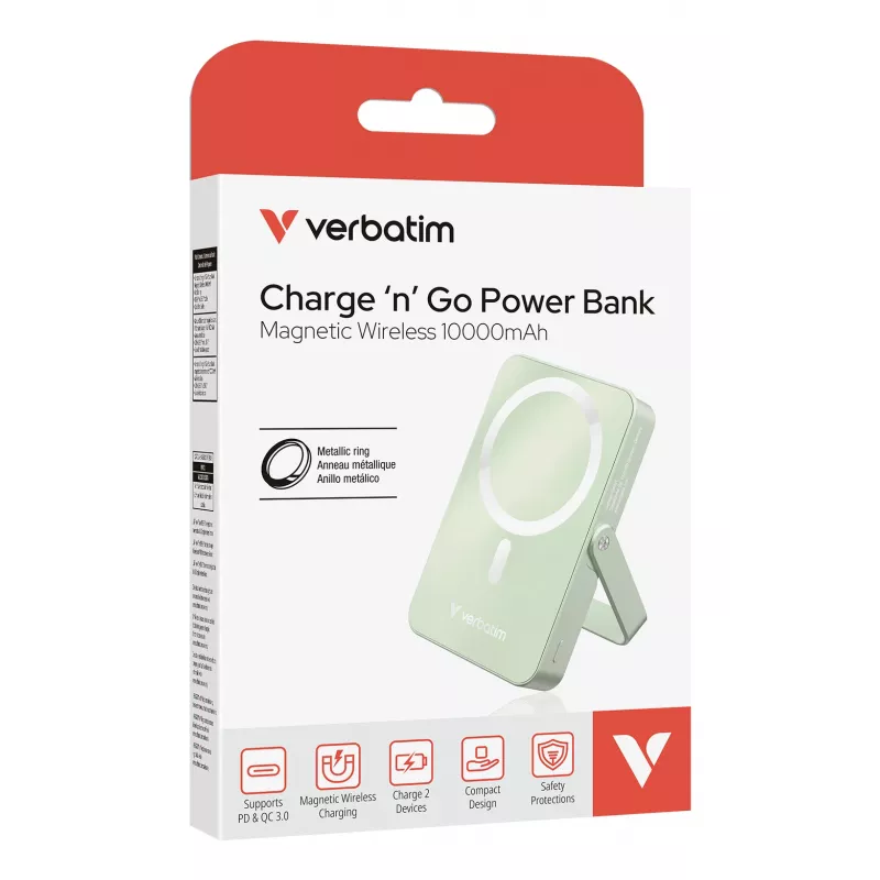 Verbatim Charge 'n' Go Magnetiline juhtmevaba akupank koos alusega – 10000 mAh, roheline