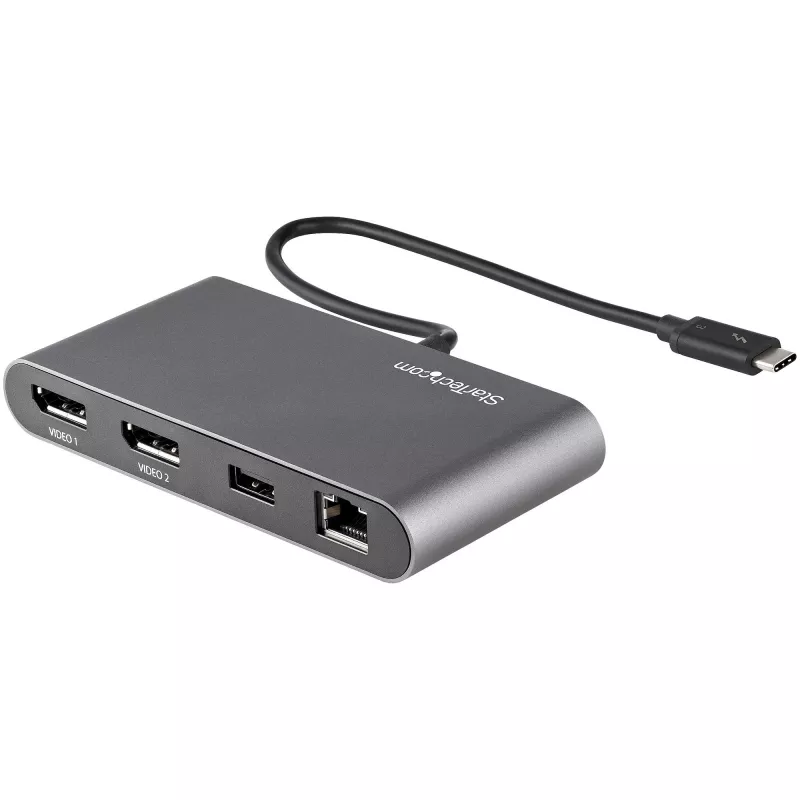 StarTech.com Dual-Monitor Thunderbolt Mini Dock, 4K 60Hz DisplayPort, draiverivaba jaotur Windowsile ja Macile, Gigabit Ethernet, 1x USB-A (USB 5Gbps), 11in (28cm) kaabel