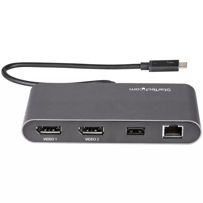 StarTech.com Dual-Monitor Thunderbolt Mini Dock, 4K 60Hz DisplayPort, draiverivaba jaotur Windowsile ja Macile, Gigabit Ethernet, 1x USB-A (USB 5Gbps), 11in (28cm) kaabel