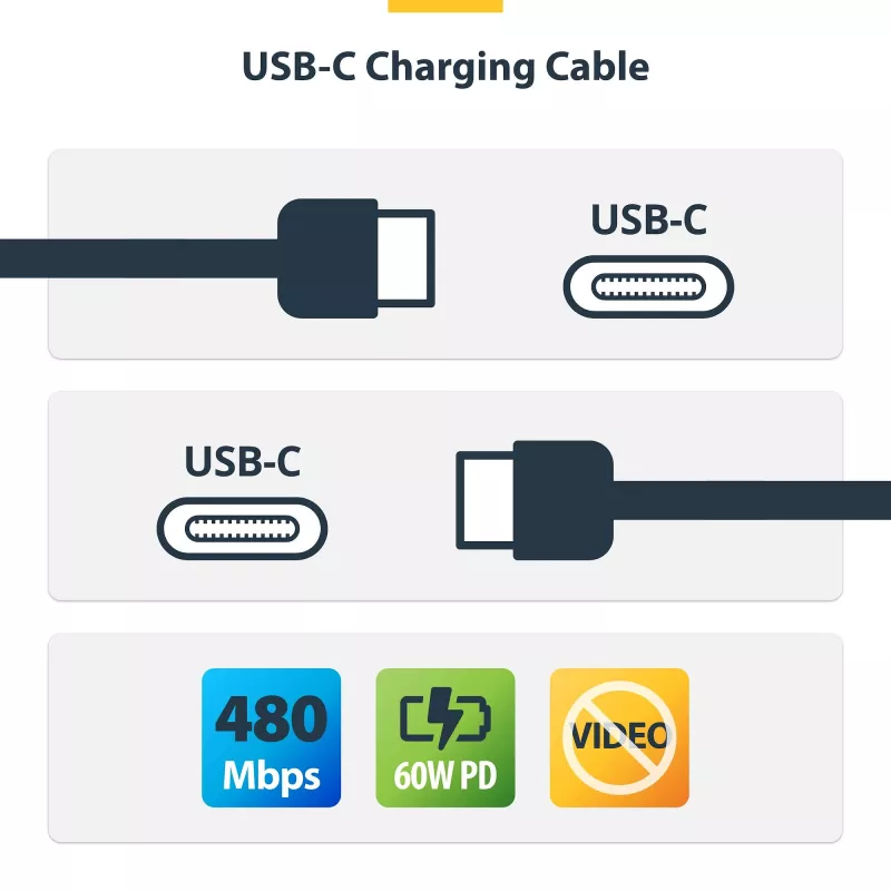 StarTech.com 1m (3,3 jalga) USB-C laadimiskaabel 2-pakendis, USB-C kaabel, USB 2.0 USB-C sülearvuti laadimisjuhe, 60W 3A toiteedastus, TPE ümbris, USB-C andmeedastuskaabel, M/M