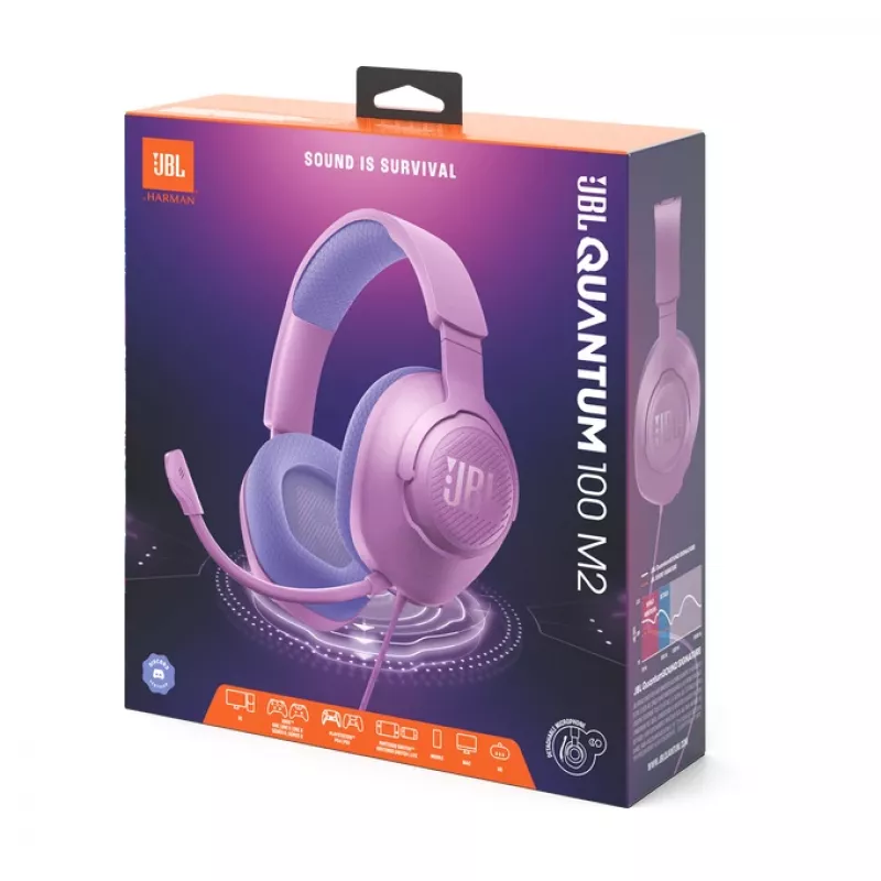 Juhtmega peapaelaga mängukõrvaklapid JBL Quantum 100M2 — ümberkõrvased, 20–20000 Hz, 1,2 m kaabel, lilla