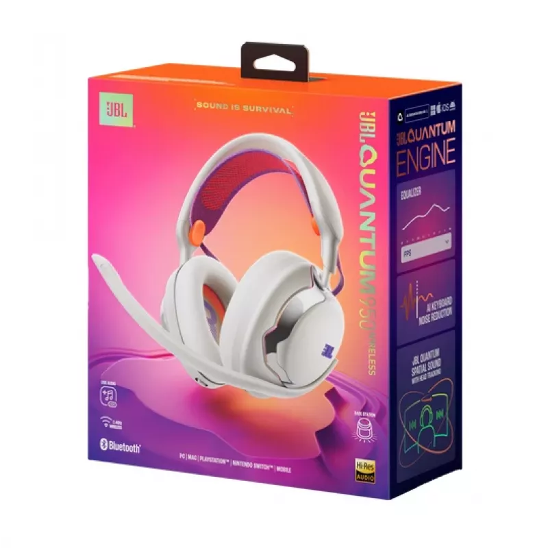 JBL Quantum 950 peakomplekt, juhtmevaba, peapael, mängimiseks, USB USB-C, Bluetooth, laadimisalus, oranž, hõbedane, valge