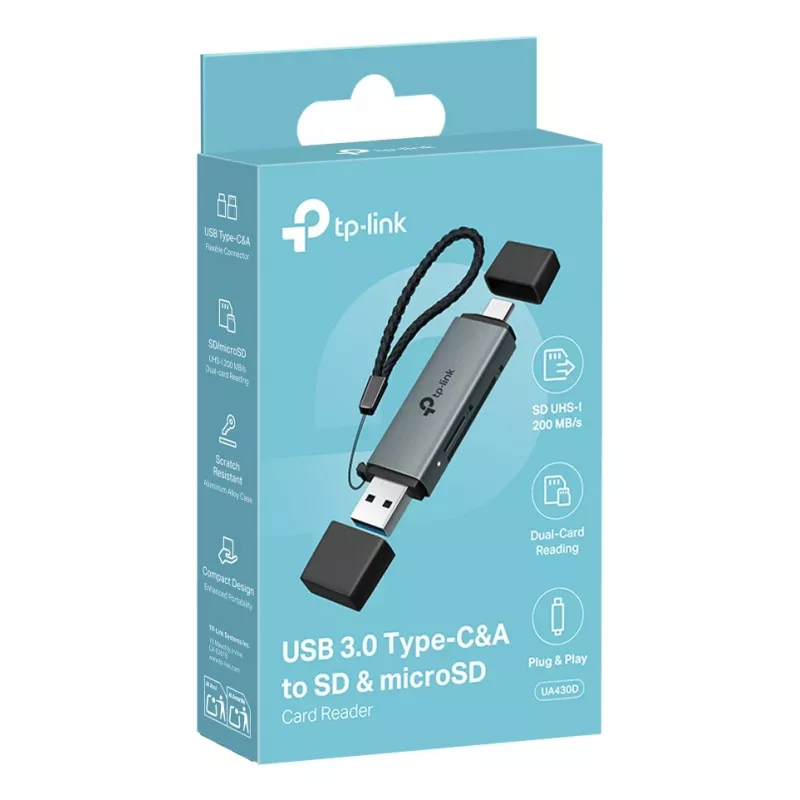 TP‑LINK UA430D kaardilugeja USB 3.1 — MicroSD/SD tugi, 200 Mbit/s, must, 75×22,9×9,3 mm