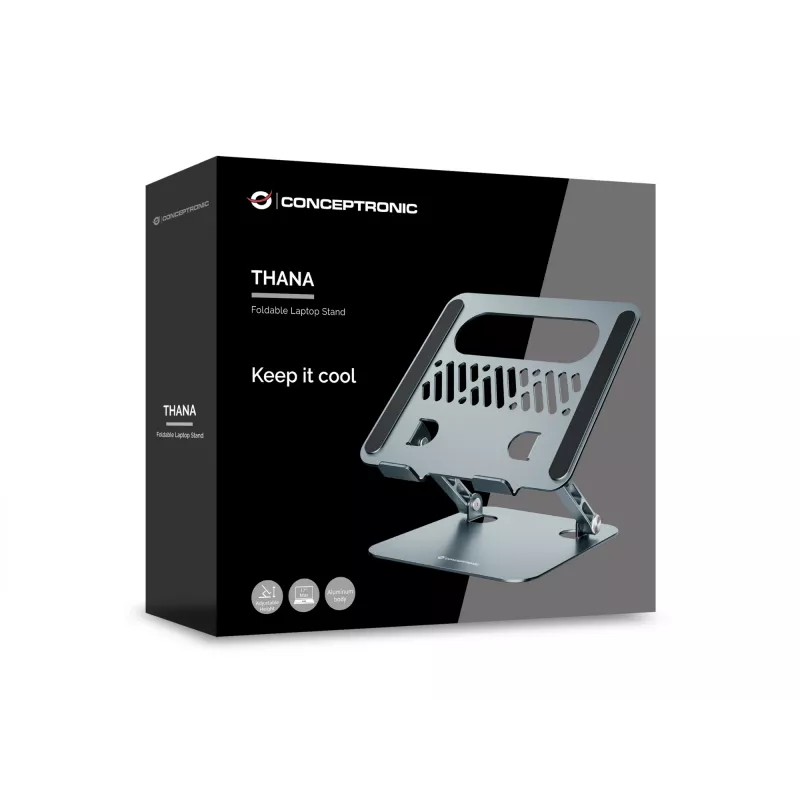 Sülearvuti alus CONCEPTRONIC THANA10G — kokkupandav alumiiniumist, reguleeritava kõrgusega, hall, 240×220×50 mm