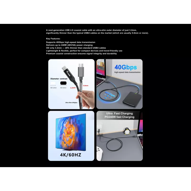 Equip USB 4 üliõhuke C-C-kaabel, 1,2 m, PD240W, 4K/60 Hz, 40 Gbps, must