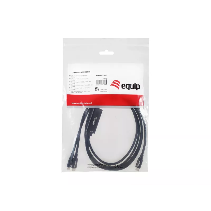 USB-C kuni 2x USB-C Y-laadimiskaabel EQUIP 1,5 m PD 140 W, USB 2.0, must