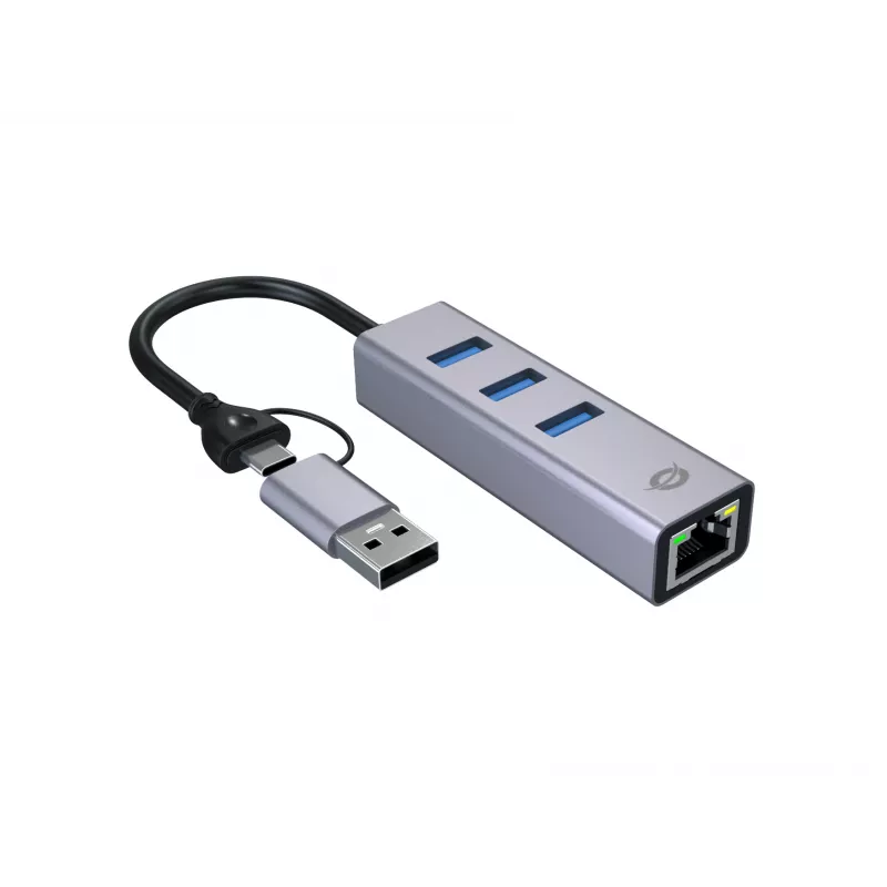 USB-C - Gigabit võrguadapter 3-pordilise USB-jaoturiga CONCEPTRONIC ABBY25G — USB 3.2 Gen 1, 1 Gbps Ethernet, 3x USB-A, alumiinium, hall