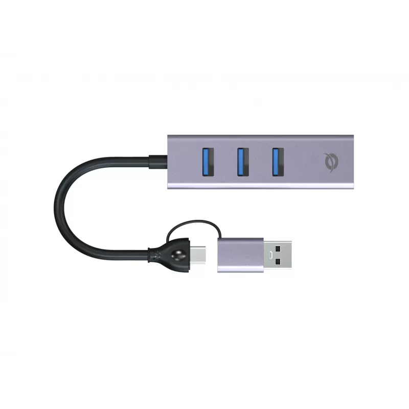 USB-C - Gigabit võrguadapter 3-pordilise USB-jaoturiga CONCEPTRONIC ABBY25G — USB 3.2 Gen 1, 1 Gbps Ethernet, 3x USB-A, alumiinium, hall