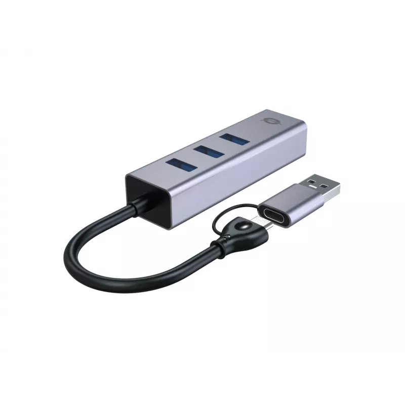 USB-C - Gigabit võrguadapter 3-pordilise USB-jaoturiga CONCEPTRONIC ABBY25G — USB 3.2 Gen 1, 1 Gbps Ethernet, 3x USB-A, alumiinium, hall
