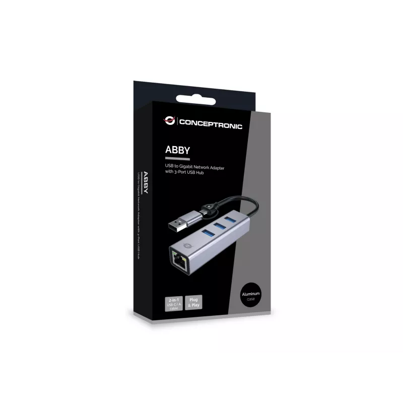 USB-C - Gigabit võrguadapter 3-pordilise USB-jaoturiga CONCEPTRONIC ABBY25G — USB 3.2 Gen 1, 1 Gbps Ethernet, 3x USB-A, alumiinium, hall