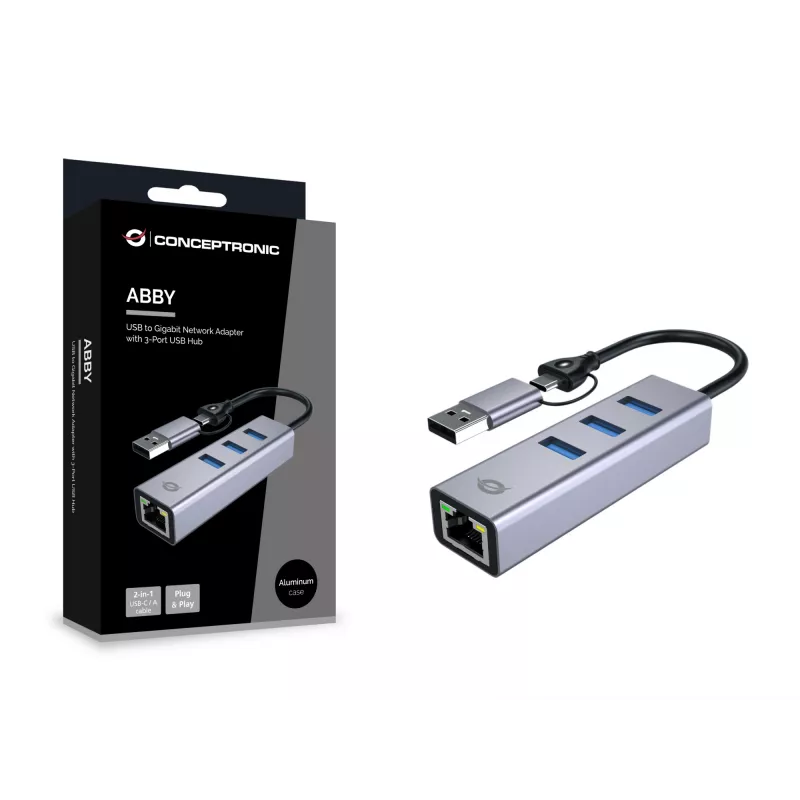 USB-C - Gigabit võrguadapter 3-pordilise USB-jaoturiga CONCEPTRONIC ABBY25G — USB 3.2 Gen 1, 1 Gbps Ethernet, 3x USB-A, alumiinium, hall