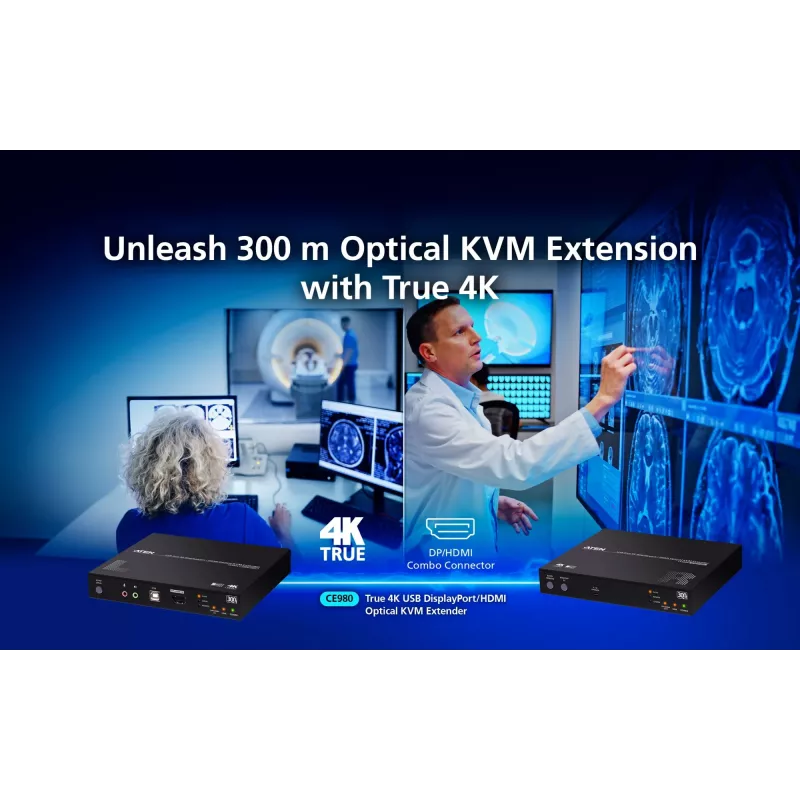 KVM pikendaja ATEN True 4K DP/HDMI optiline KVM 300 m – saatja ja vastuvõtja, DisplayPort/HDMI, USB, 300 m