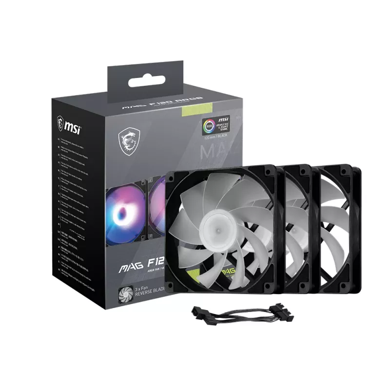 PC korpuse ventilaator MSI MAG F120 ARGB x3 — 120 mm, 1300 RPM, hüdrauliline laager, must