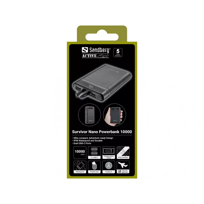 Sandberg Survivor Nano akupank 10000, 10000 mAh, liitiumioon (Li-Ion), 3,7 V, 20 W, must