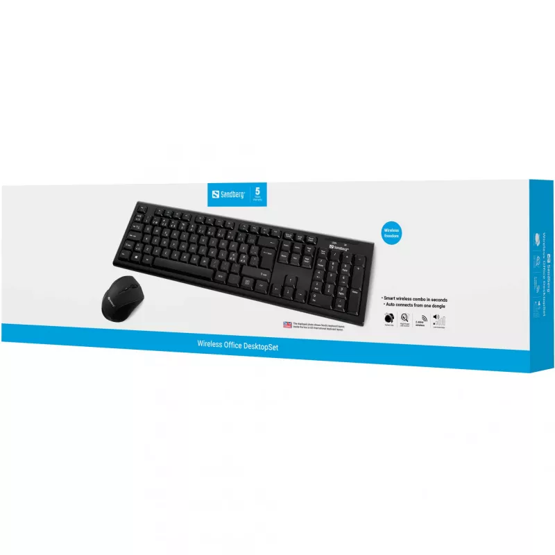 Sandberg Wireless Office DesktopSet INT, juhtmevaba, RF Wireless, membraan, QWERTY, must, hiir kaasas