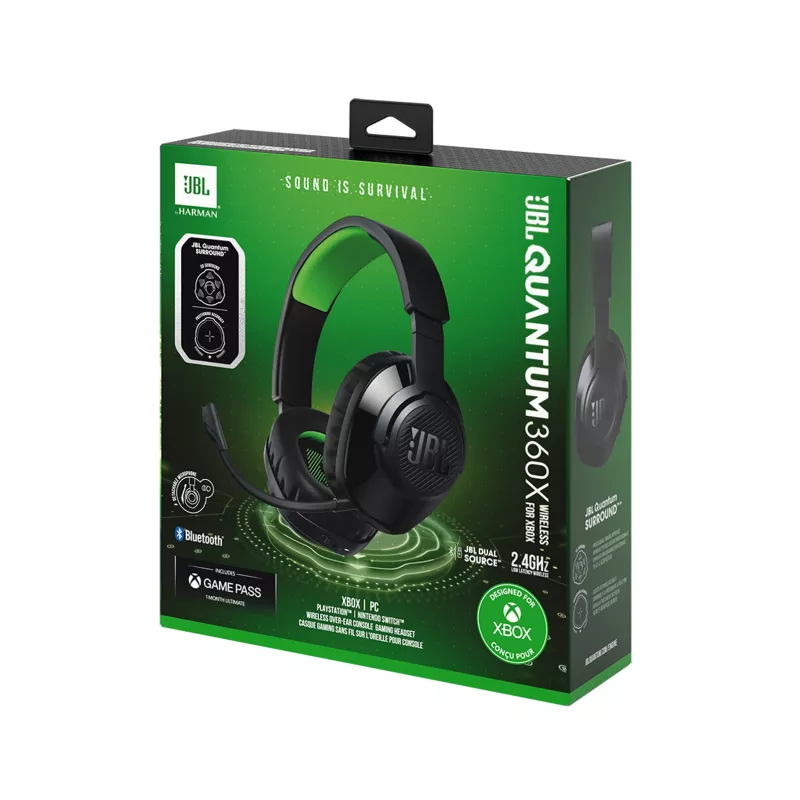JBL Quantum 360X peakomplekt, juhtmevaba, peapael, mängimiseks, USB USB-C, Bluetooth, must, roheline