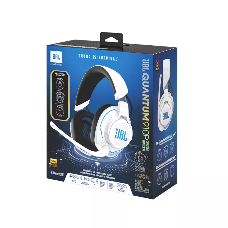 JBL Quantum 910P Peakomplekt Juhtmega ja juhtmevaba Peapael Mängimine USB USB-C Bluetooth Sinine, Valge