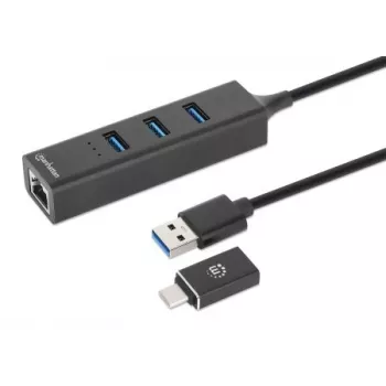 Manhattan USB-C ja USB-A kombodokk/jaotur, pordid (4): Ethernet ja USB-A (x3), 5 Gbps (USB 3.2 Gen1 ehk USB 3.0), USB-toitega (välist toiteadapterit pole vaja)