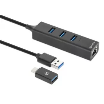 Manhattan USB-C ja USB-A kombodokk/jaotur, pordid (4): Ethernet ja USB-A (x3), 5 Gbps (USB 3.2 Gen1 ehk USB 3.0), USB-toitega (välist toiteadapterit pole vaja)