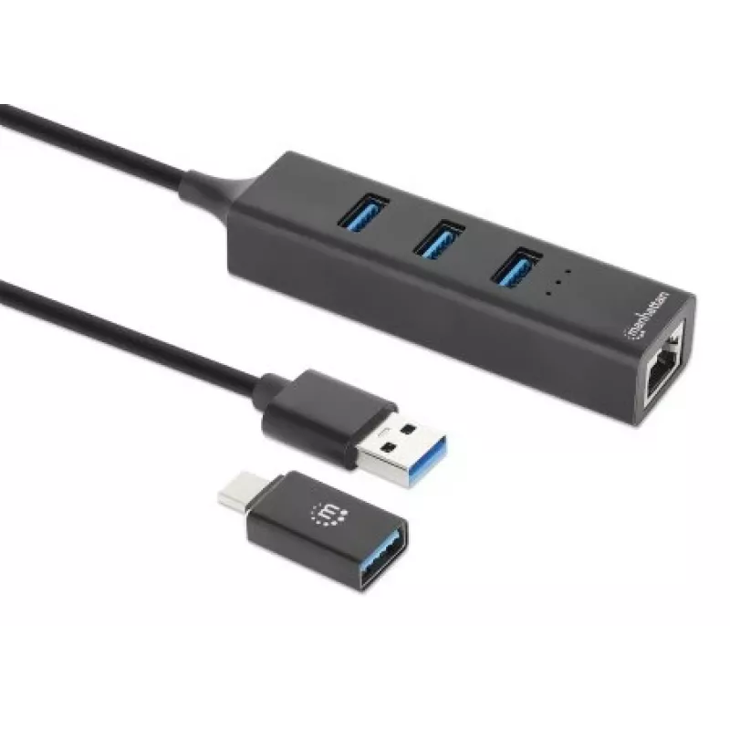 Manhattan USB-C ja USB-A kombodokk/jaotur, pordid (4): Ethernet ja USB-A (x3), 5 Gbps (USB 3.2 Gen1 ehk USB 3.0), USB-toitega (välist toiteadapterit pole vaja)
