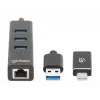 Manhattan USB-C ja USB-A kombodokk/jaotur, pordid (4): Ethernet ja USB-A (x3), 5 Gbps (USB 3.2 Gen1 ehk USB 3.0), USB-toitega (välist toiteadapterit pole vaja)