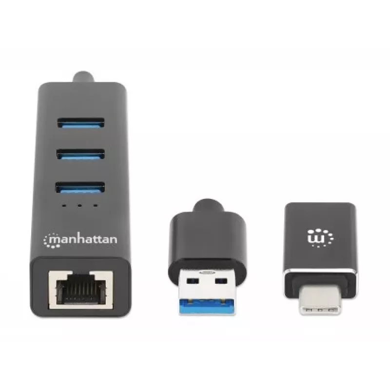 Manhattan USB-C ja USB-A kombodokk/jaotur, pordid (4): Ethernet ja USB-A (x3), 5 Gbps (USB 3.2 Gen1 ehk USB 3.0), USB-toitega (välist toiteadapterit pole vaja)