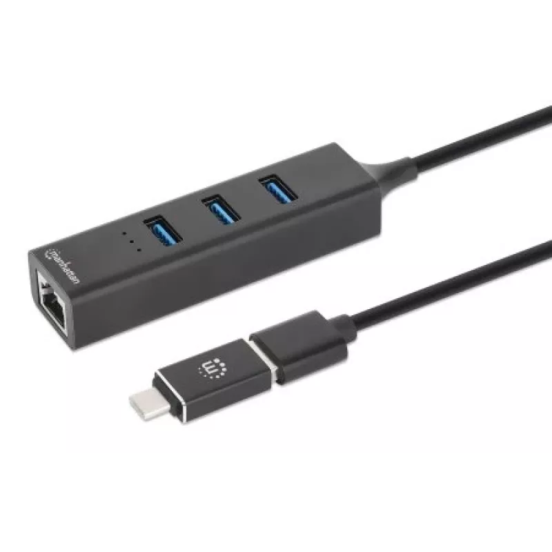 Manhattan USB-C ja USB-A kombodokk/jaotur, pordid (4): Ethernet ja USB-A (x3), 5 Gbps (USB 3.2 Gen1 ehk USB 3.0), USB-toitega (välist toiteadapterit pole vaja)