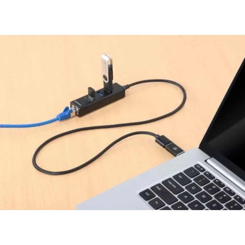 Manhattan USB-C ja USB-A kombodokk/jaotur, pordid (4): Ethernet ja USB-A (x3), 5 Gbps (USB 3.2 Gen1 ehk USB 3.0), USB-toitega (välist toiteadapterit pole vaja)