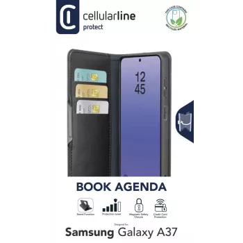 Cellularline Book Agenda 2 - Galaxy A37 raamatustiilis kunstnahast ümbris magnetilise sulguri, alusfunktsiooni ja RFID/NFC kaitsega viipemaksekaartidele.