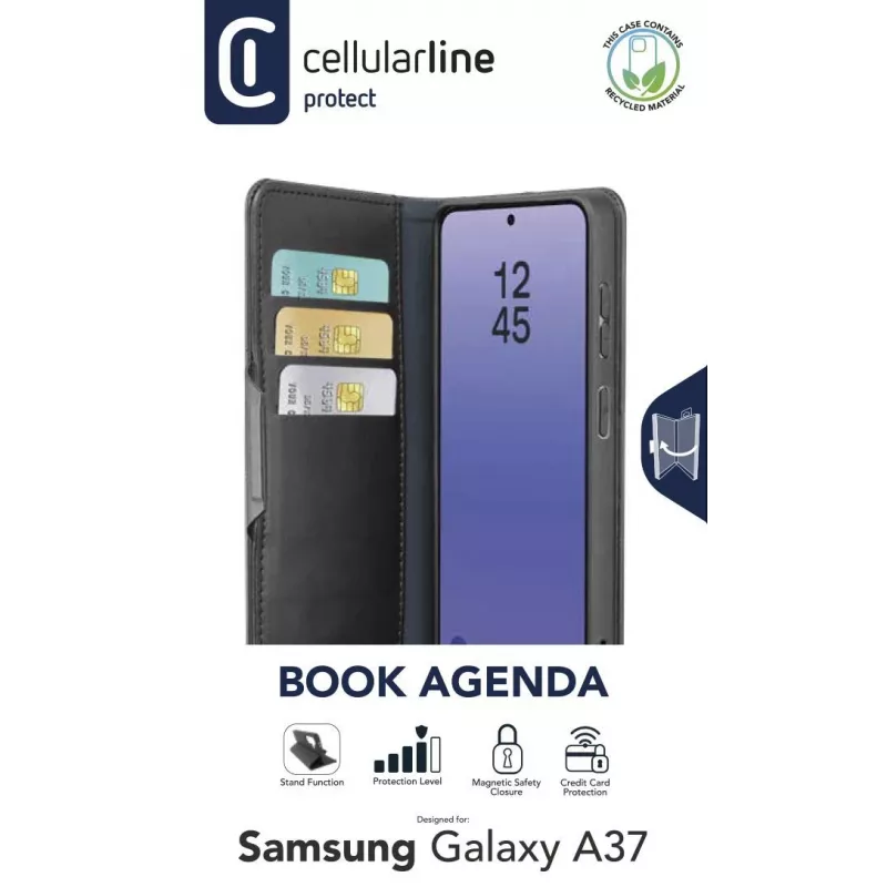 Cellularline Book Agenda 2 - Galaxy A37 raamatustiilis kunstnahast ümbris magnetilise sulguri, alusfunktsiooni ja RFID/NFC kaitsega viipemaksekaartidele.